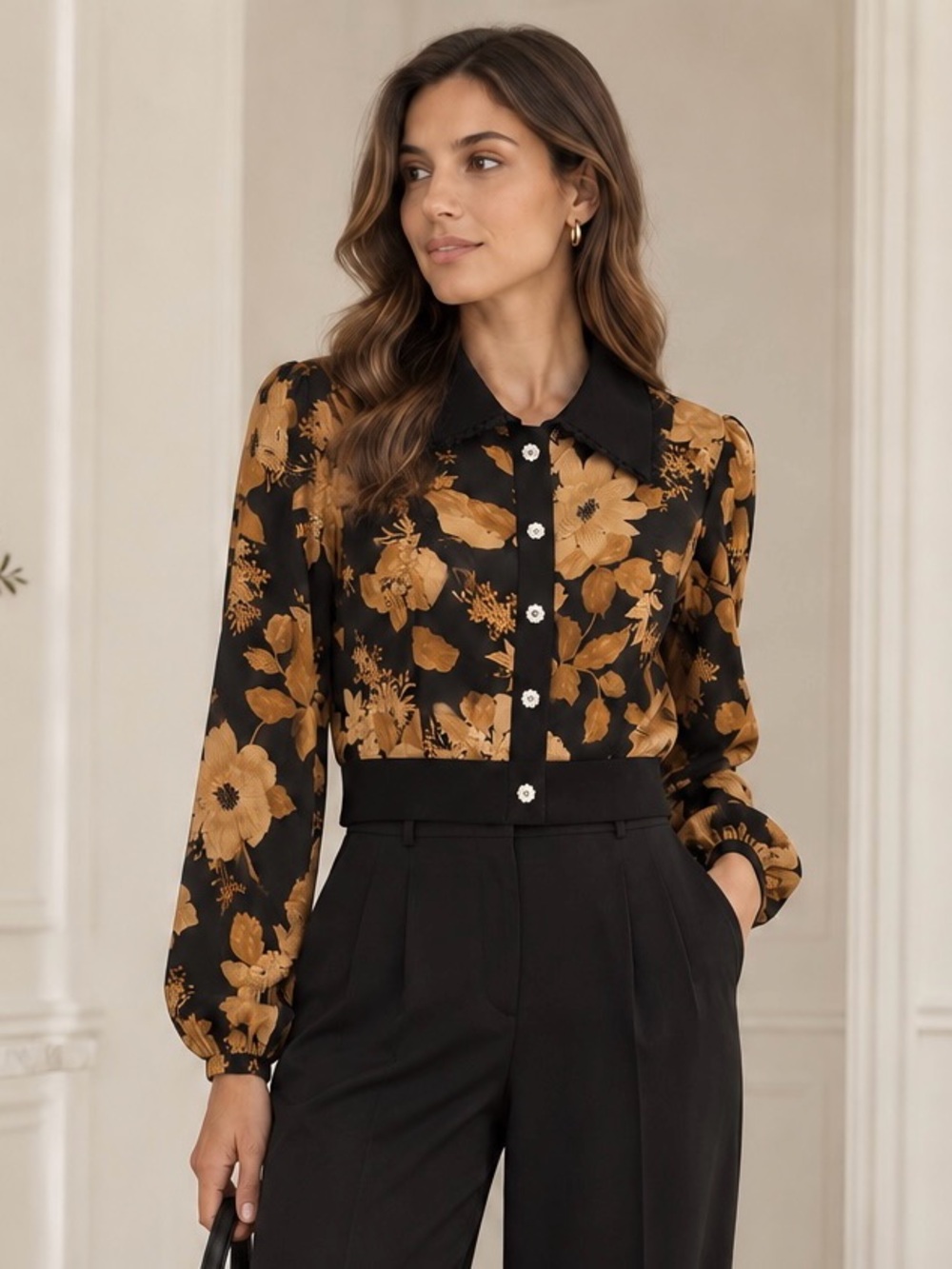 Peach Floral Cropped Blouse Black Gold Button Long Sleeve Collared Size L